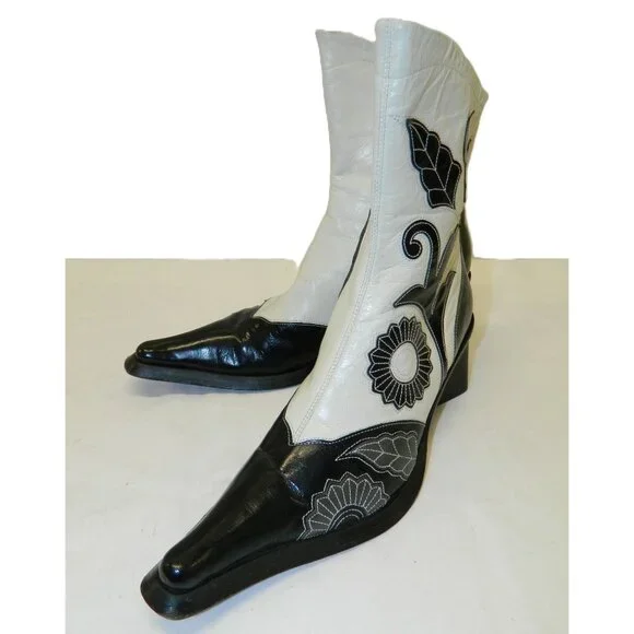 Vtg Goffredo Fantini Boots Sz 7 Black White Leather Ankle Boots Floral Appliqué - Picture 2 of 16